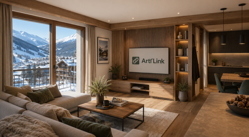 Intérieur rénové neuf d'un appartement à Courchevel avec le logo Arti'Link sur la télévision. Bois sur les murs, vue sur la montagne de Courchevel par la baie vitrée