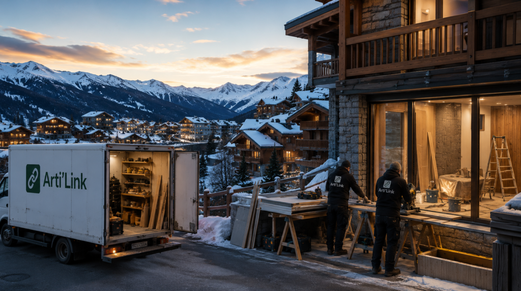 Vue extérieur d'un chalet en rénovation sur Val Thorens, rubans led et éclairages, artisans au travail. Camion Arti'Link garé sur la chaussée.