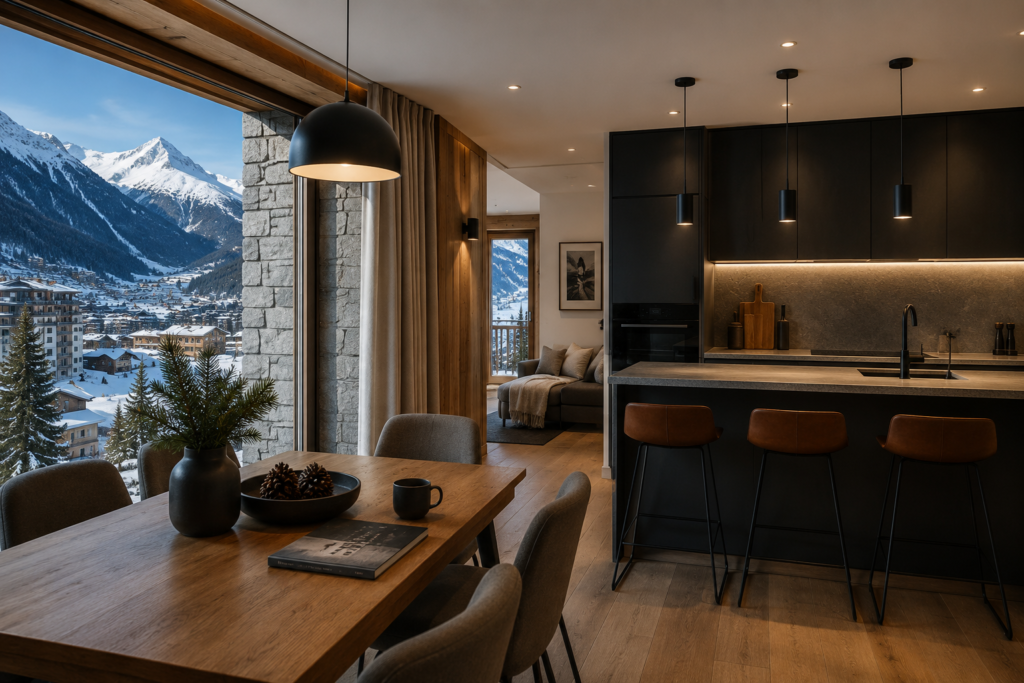 Intérieur fraichement rénové d'un appartement à Val d'Isère, vue sur une cuisine moderne et parquet bois au sol