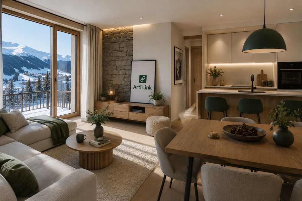 Intérieur rénové d'un appartement à Aime-La-Plagne éclairé par la baie vitrée donnant sur la montagne