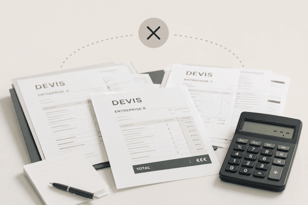 Devis d'entreprise avec calculatrice et bloc-notes, gestion des devis