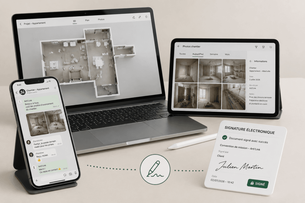 Application de gestion immobilière sur ordinateur, tablette et smartphone avec signature électronique