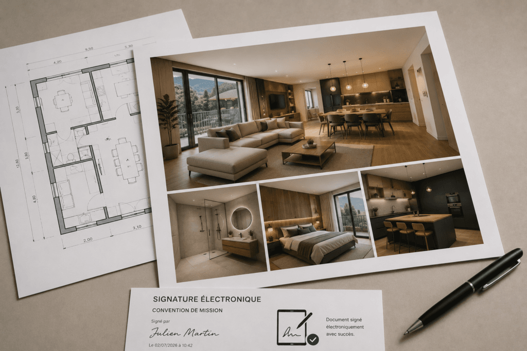 Plan architectural et photos d'un intérieur moderne luxe