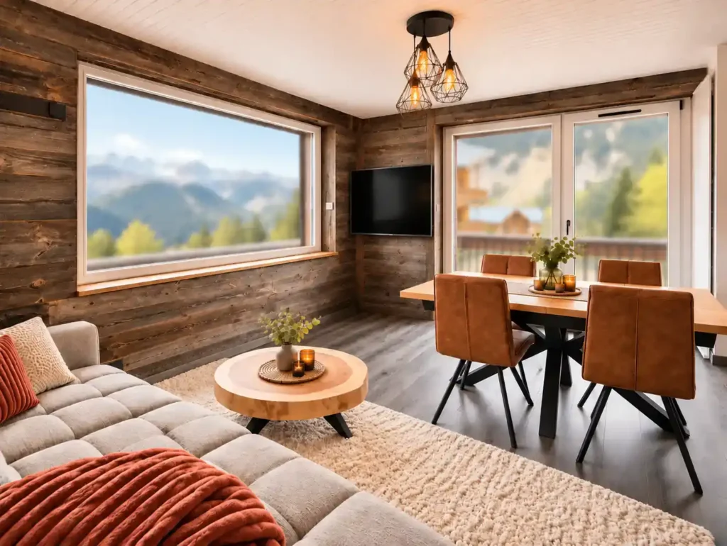 Salon d'un appartement rénové à Courchevel avec Arti'Link, grandes fenêtres, meubles et plafond blanc.